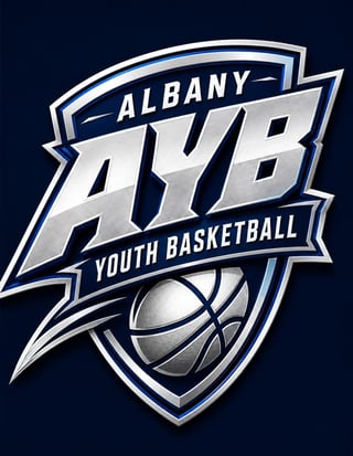 Albany AYB Youth Basketball logo featuring silver AYB text, basketball, and blue shield design on dark background