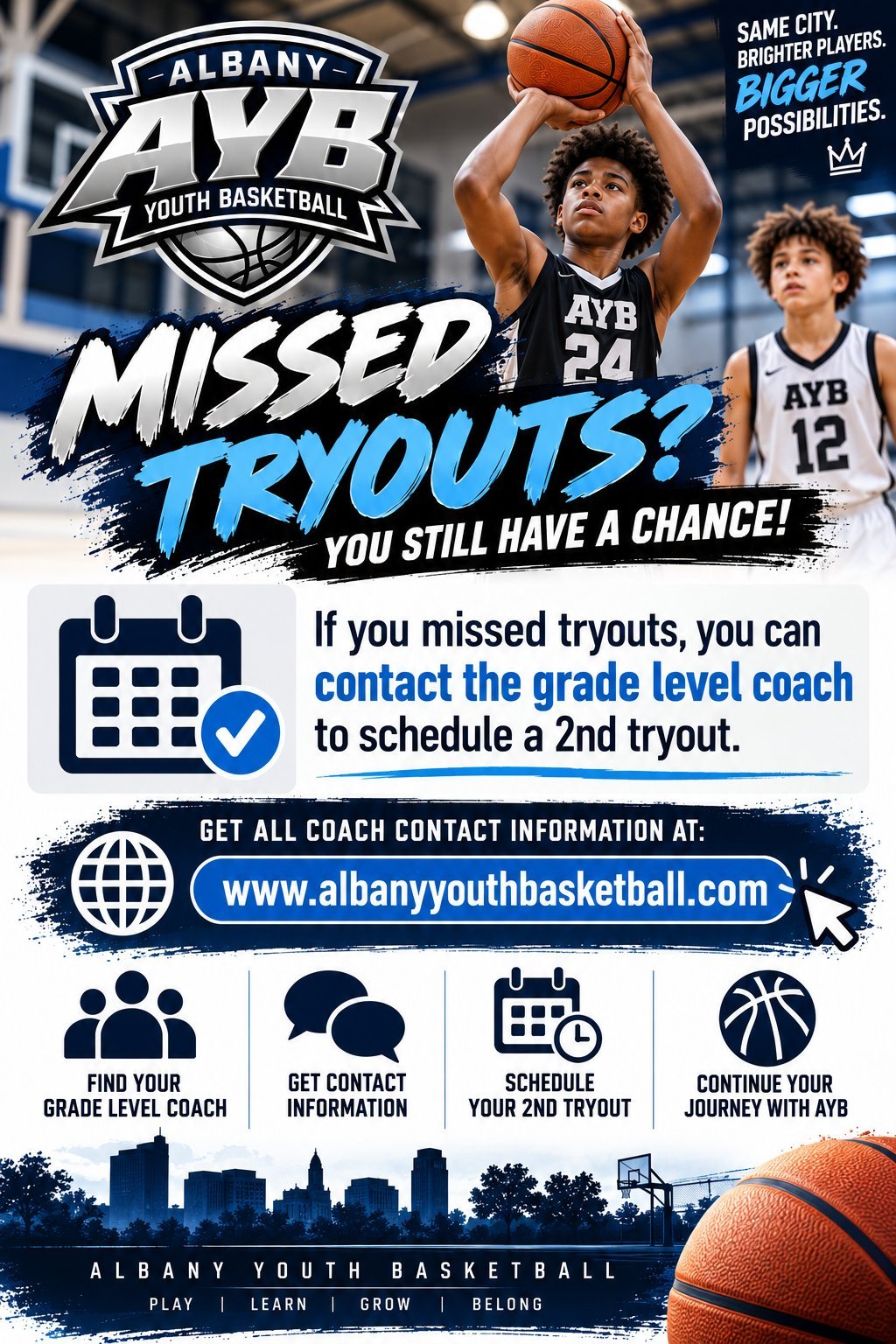 Albany Youth Basketball second tryout opportunity flyer with players shooting and instructions to contact grade level coaches at www.albanyyouthbasketball.com